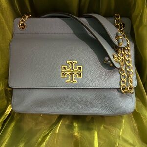 Authentic Tory Burch Blue Pebbled Leather Shoulder Crossbody Bag